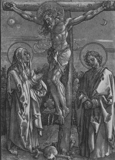 Cristo na Cruz com a Virgem e São João, 1500-1550. de Dürer School.
