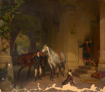 Cavaleiros com dois cavalos em frente ao castelo de Düsseldorfer Maler um 1850