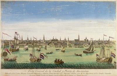 Uma visão geral do porto e da cidade de Amsterdã, gravada por DG Hucquier, século XVI de Dutch School