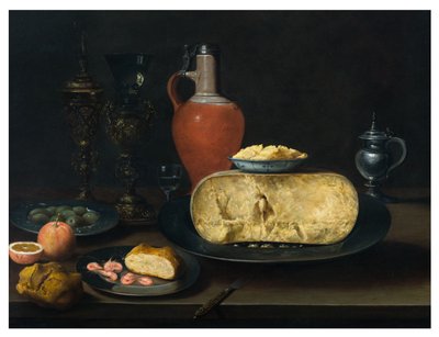 Uma Natureza Morta com Queijo, Manteiga, Pão, Camarão, Laranjas, Azeitonas e Vinho sobre uma Mesa de Dutch School
