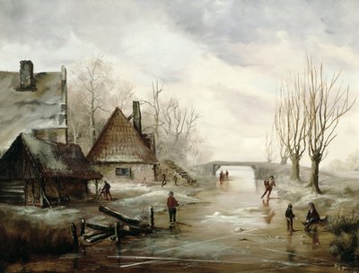 Uma paisagem de inverno com figuras patinando em primeiro plano de Dutch School