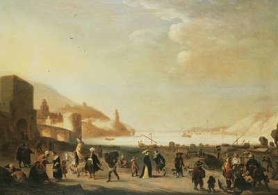 Um porto com vendedores ambulantes e camponeses em primeiro plano (painel) de Dutch School