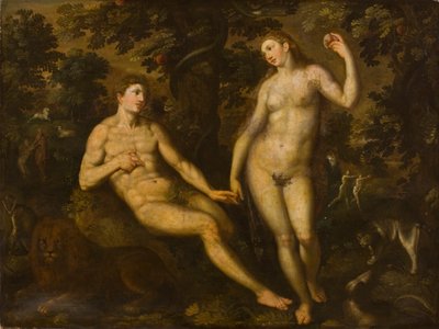 Adão e Eva no Jardim do Éden, c.1590-1610 de Dutch School