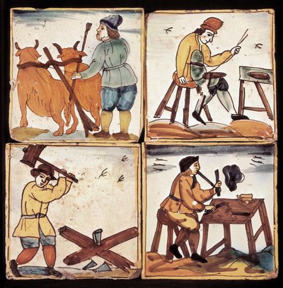 Painel de azulejos: representação de ofícios, lavoura camponesa, poupador, rachador de lenha e um pipier (cerâmica) de Dutch School