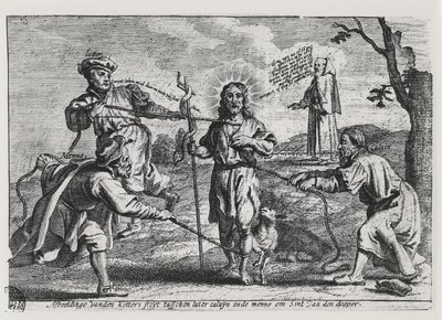 Caricatura de Lutero, Calvino e Menno Simons disputando Cristo e seu ensinamento de Dutch School