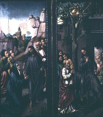 Cristo despedindo-se de sua mãe; a entrada de Cristo em Jerusalém, c.1500 de Dutch School