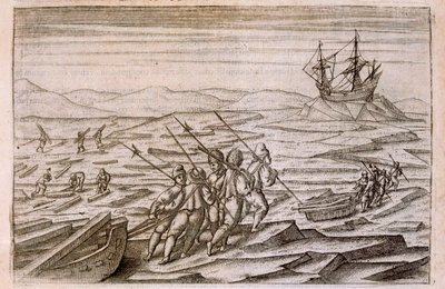 Coletando troncos para a cabine em que a expedição de inverno, ilustração de Diarium Nauticum, seu vera descriptio trium navigationum admirandarum ... por Gerrit de Veer, 1598 de Dutch School