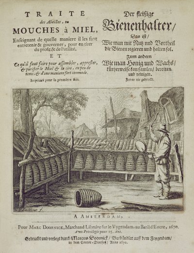 Capa de abelhas ou mel voa ... impresso em francês e alemão, gravado por GVEckhout, Amsterdam 1670 de Dutch School