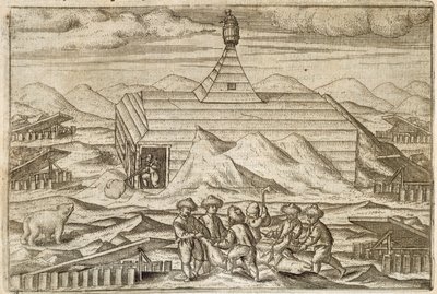 Tripulação a matar e esfolar ursos, fora da cabine em que a expedição invernou, ilustração de 