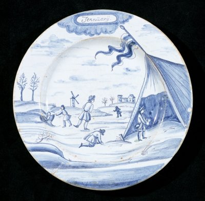 Prato de Delft representando o mês de janeiro (louça de barro de latão estanho) de Dutch School