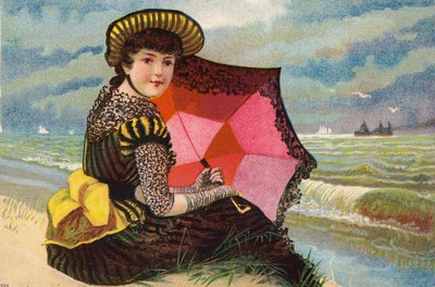 Garota holandesa, com guarda-sol, à beira-mar de Dutch School