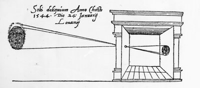 Primeira ilustração publicada de uma câmera obscura observando um eclipse solar em janeiro de 1544 de Dutch School