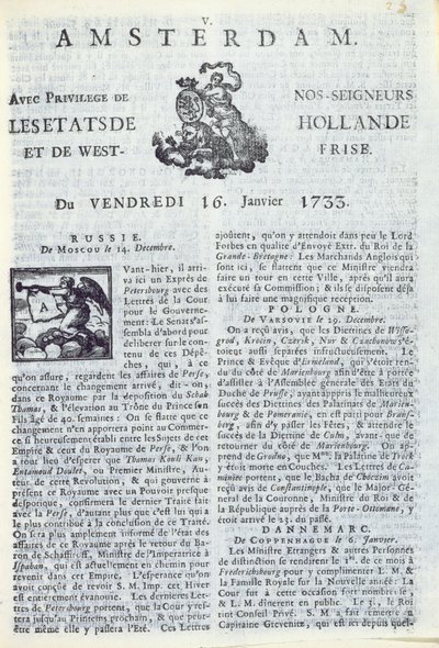 Primeira página de La Gazette dAmsterdam, 16 de janeiro de 1733 (impresso) de Dutch School