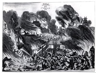 Grande Incêndio em Yedo (Tóquio) no século XVII, ilustração do relato de Arnold Montanus de embaixadas enviadas pela Companhia Holandesa das Índias Orientais ao Imperador do Japão, publicado em Amsterdã 1680 de Dutch School
