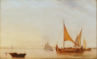 Harbouring Boats at Dawn (óleo a bordo) de Dutch School