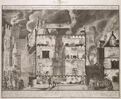 Ilustração mostrando como novas mangueiras longas podem chegar a todas as partes de um edifício, de um livro sobre Firefighting na Holanda, publicado em c.1700 de Dutch School