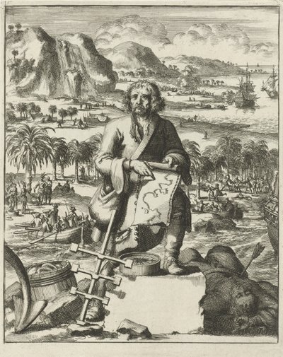 Louis Hennepin desembarcando na América do Norte, pub. 1688 (gravura) de Dutch School