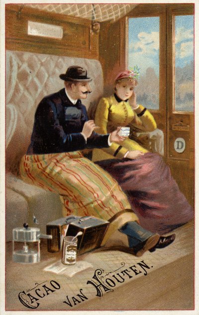 Mann bietet Frau Schokolade im Zug an von Dutch School