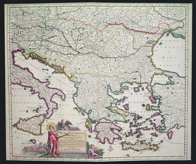 Mapa da Grécia, Hungria e seus países vizinhos (gravura colorida à mão) de Dutch School