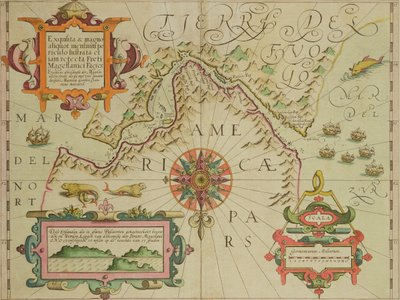 Mapa do Estreito de Magalhães, Patagônia, do pub Mercator Atlas. por Jodocus Hondius (1563-1612) Amsterdã, 1606 de Dutch School
