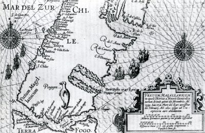 Mapa do Estreito de Magalhães, placa de Oliver van Noorts descrição de sua viagem, 1602 de Dutch School