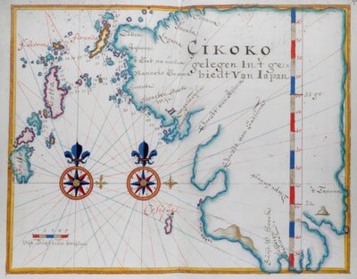 Mapa da parte sul da ilha de Kyushu, Japão (caneta e aquarela sobre papel) de Dutch School
