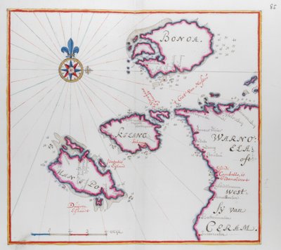 Mapa mostrando parte da Ilha de Ceram (Seram) e Bonoa (Ilha Boano) e Ilha Kelang e Ilha Manipa. de Dutch School