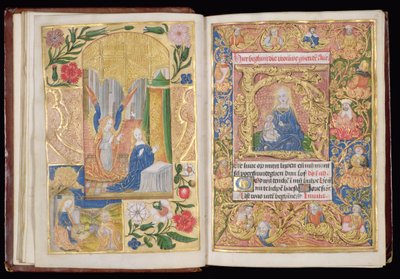 Ms 144, ff.13v-14r: A Anunciação e a Virgem e o Menino, miniaturas de um Livro de Horas, Uso de Utrecht, c.1500-20 (folhas de ouro e tintas douradas e coloridas em pergaminho) de Dutch School