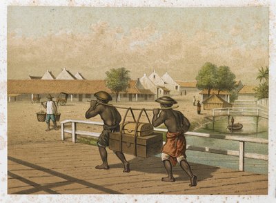 Porteiros nativos carregando bagagem, Índias Orientais Holandesas de Dutch School
