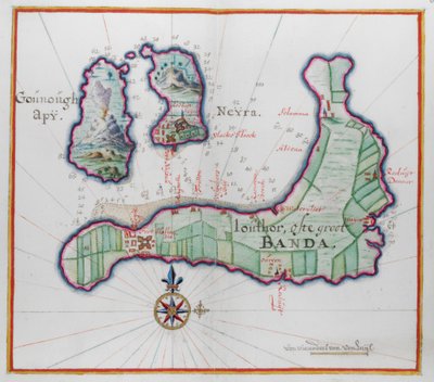 Mapa pictórico de três das ilhas da Banda. de Dutch School