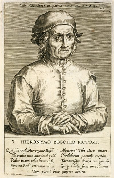 Retrato de Hieronymus Bosch (c.1450-1516) placa 3 em uma série de retratos de artistas, gravada por Theodor Galle (1571-1633) de Dutch School