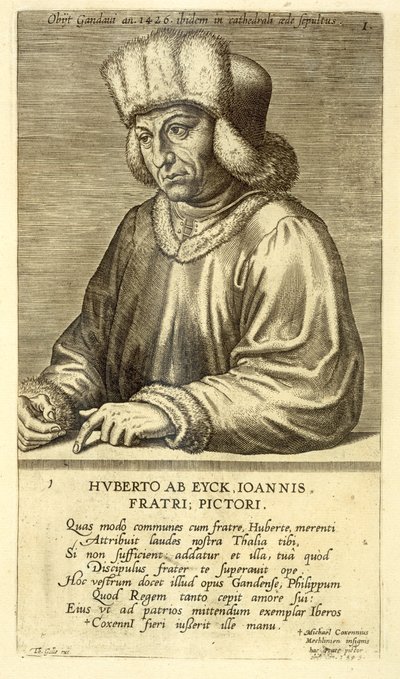 Retrato de Hubert van Eyck (1366-1426), quadro 1 de uma série de retratos de artistas, gravados por Theodor Galle (1571-1633) de Dutch School