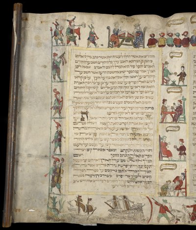 Bobos e músicos de Purim, Pergaminho de Ester, provavelmente Holanda, c.1630 ou 1640, MS Or. 1047 (tinta e cor sobre pergaminho) de Dutch School