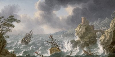 Naufrágio em uma tempestade ao largo de uma costa rochosa de Dutch School