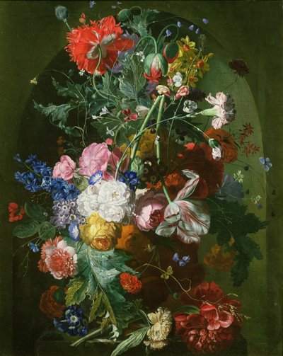 Ainda vida de flores em um vaso de terracota definido em um nicho de Dutch School