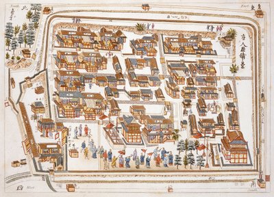 A Fábrica Chinesa na Rua de Teng-chan em Nangasaki, fundada em 1688, de Ilustrações do Japão por Isaac Titsingh (c.1740-1812), publicada em Londres, 1822 de Dutch School