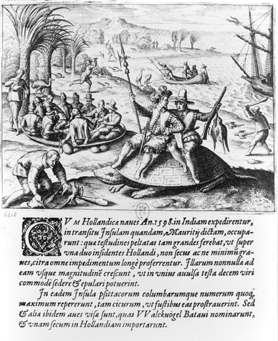 O holandês na ilha Maurícia em 1598, gravado por de Bry de Dutch School