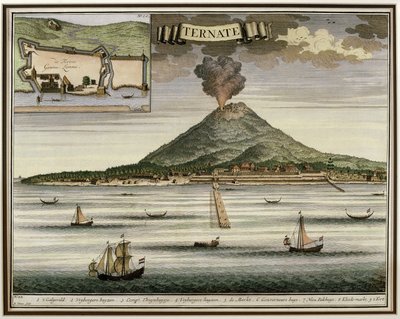A, ilha, de, Ternate, moluccas, indonésia, ilustração, de, antigas, novo, leste, 1724-26 de Dutch School
