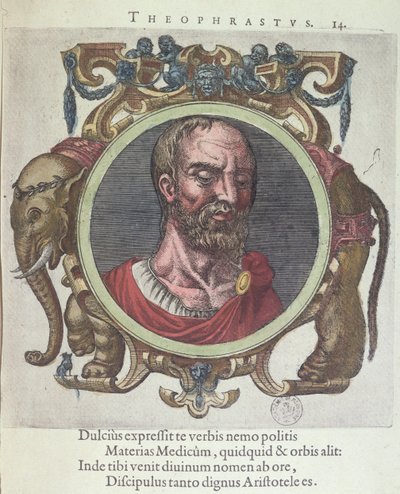 Theophrastus (BC c.372-287), de médicos antigos e novos e filósofos ícone por Johannes Sambucus (1531-84), publicado pela Plantin em Ley 1603 (gravura da cor) de Dutch School