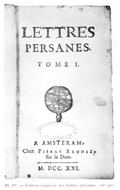 Titlepage of Persian Letters por Charles de Montesquieu (1689-1755) 1721 de Dutch School