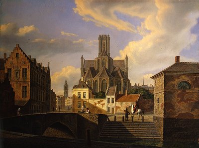 Paisagem com canal, ponte, degraus e figuras, com uma igreja medieval e a torre de uma prefeitura além (óleo sobre papel colocado sobre cartão) de Dutch School