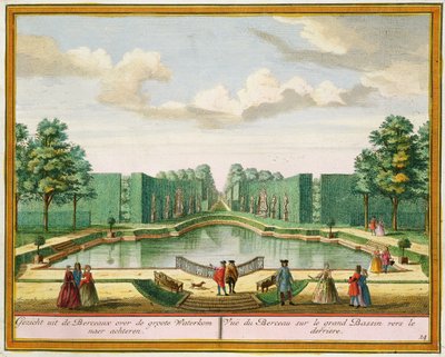 Vista do pavilhão sobre o grande lago, de Het Zeganplant Kennemerlant, de Hendrick de Leth e Matthias Brouerius Van Nidek, publicado em c.1700-1730 de Dutch School