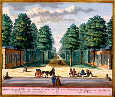Vista da parte de trás da casa entre os estábulos, de Het Zeganpralent Kennemerlant por Hendrick de Leth e Matthias Brouerius Van Nidek, publicado c.1700-30 de Dutch School
