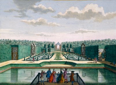 Vista do parterre e arco triunfal, Meerestein, de Het Zeganpralent Kennemerlant por Hendrick de Leth e Matthias Brouerius Van Nidek, publicado c.1700-1730 de Dutch School