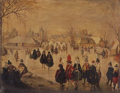 Paisagem de Inverno: Patinadores com estilo em um lago de Dutch School