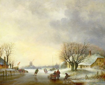 Cena de inverno com um moinho de vento de Dutch School