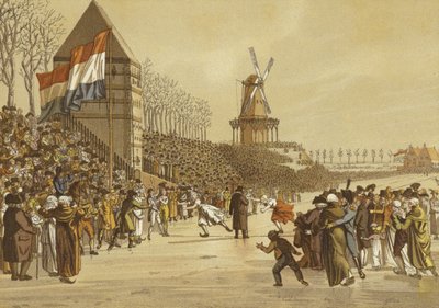 Corridas de patinação no gelo para mulheres, Leeuwarden, Holanda, 1805 de Dutch School