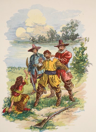 Ele foi agarrado pela parte de trás do colarinho, ilustração de "Pocahontas: A Princesa dos Bosques", de Edward S. Ellis, pub. McLoughlin Brothers, Nova York, c.1912 de E.B. Comstock