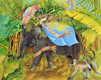 Elefante com Macacos e Parasol, 2005 (acrílico sobre tela) de E.B. Watts