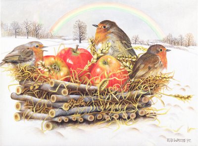Robins com Maçãs, 1997 (acrílico sobre tela) de E.B. Watts